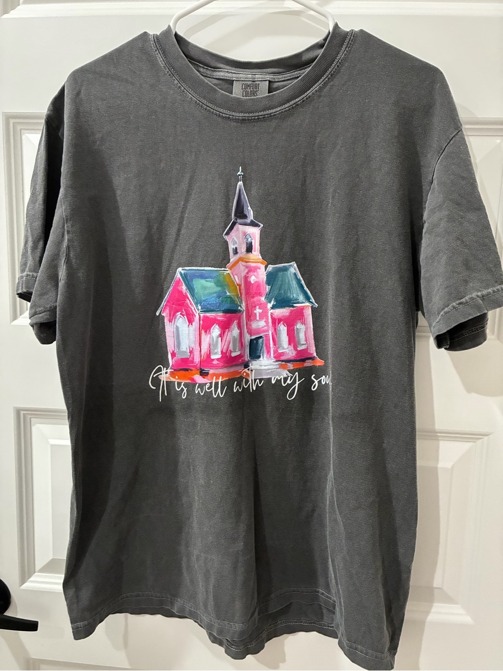 Comfort Colors Charcoal Short Sleeve Tee with Pink Church Graphic